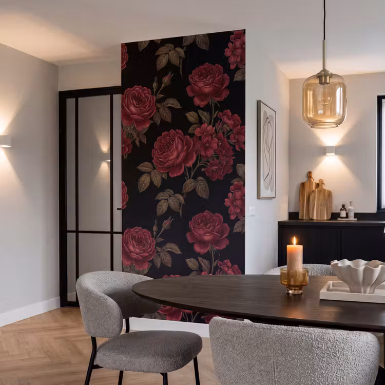 Bloemen - Roos - Patroon - Klassiek - Rood Behang Vlies klein -sfeer3