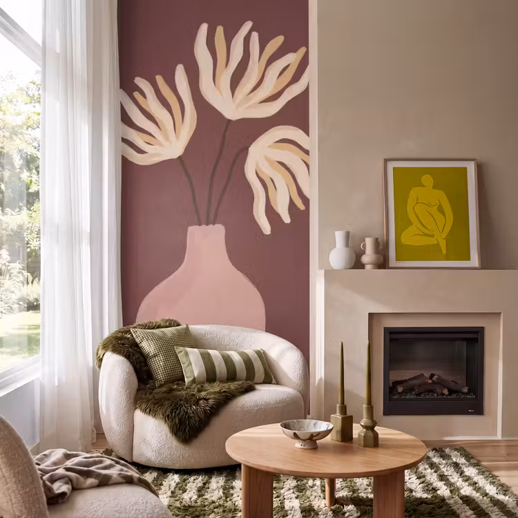 Bloemen - Vaas - Abstract - Modern - Aardetinten Behang Vlies klein -sfeer2