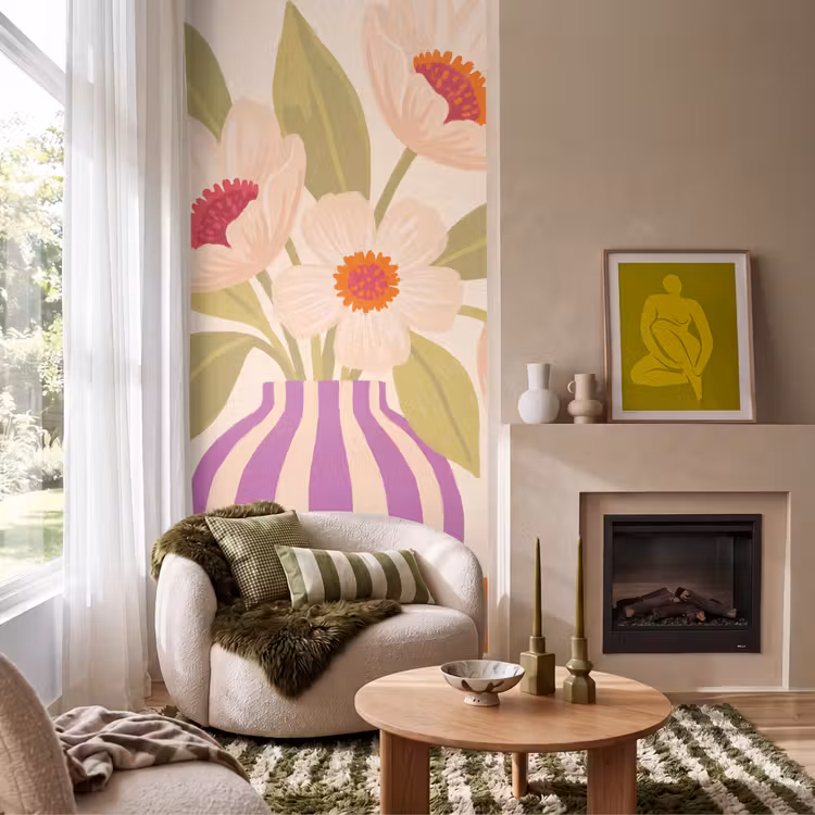 Bloemen - Vaas - Abstract - Paars - Oranje Behang Vlies klein -sfeer2