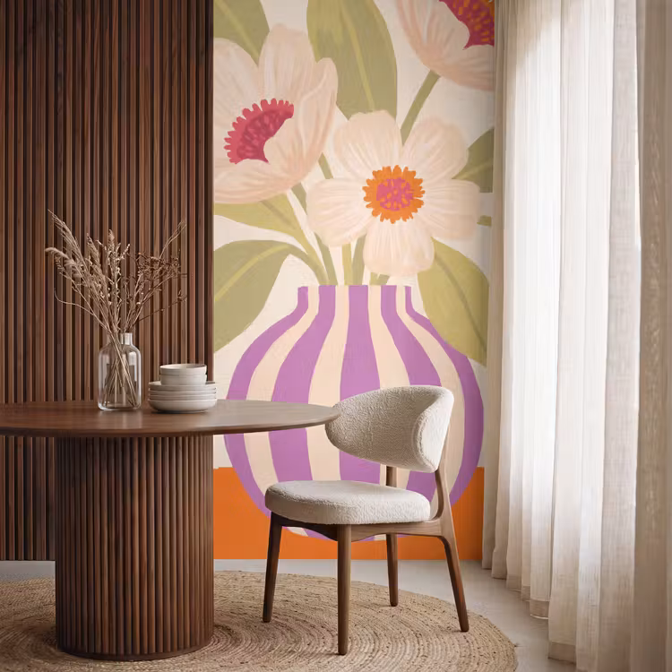 Bloemen - Vaas - Abstract - Paars - Oranje Behang Vlies klein -sfeer1