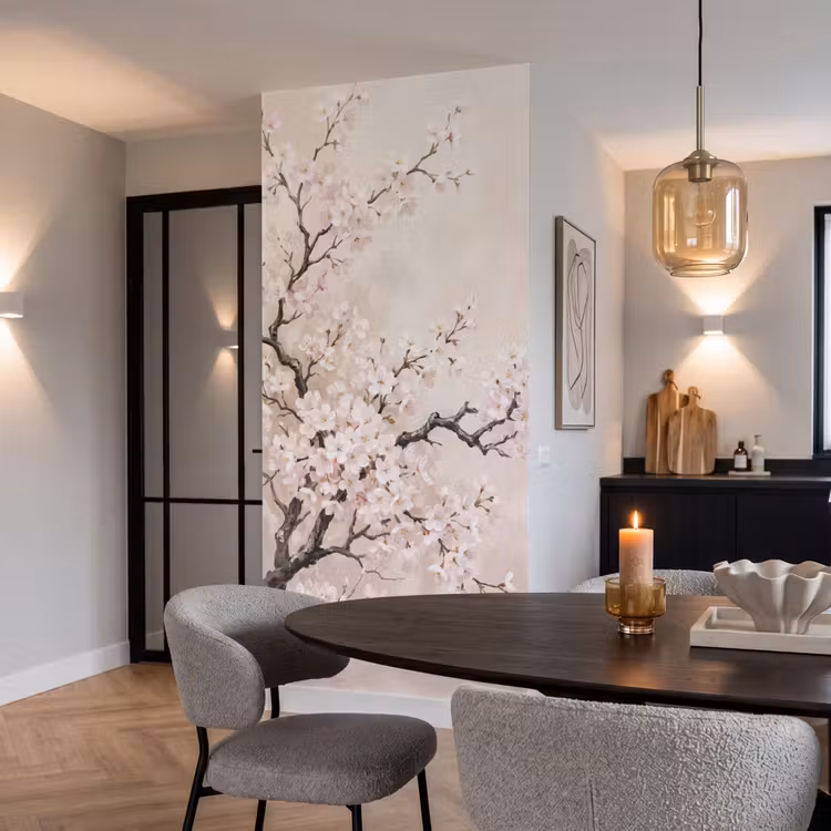 Bloesem - Illustratie - Taupe Behang Vlies klein -sfeer3
