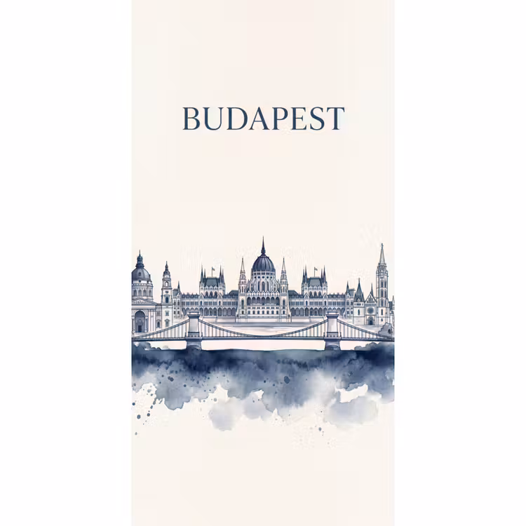Boedapest - Skyline - Architectuur - Aquarel - Blauw Behang Vlies klein -3d_website