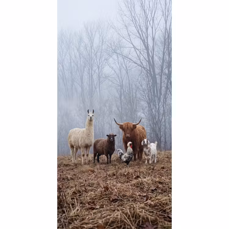 Boerderijdieren - Groep - Mist - Natuur - Rustiek Behang Vlies klein -3d_website