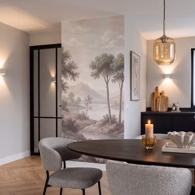 Bomen - Meer - Bergen - Illustratie Behang Vlies klein -sfeer3