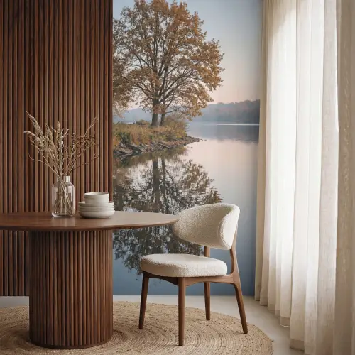 Bomen - Reflectie - Water - Zonsopgang - Serene Behang Vlies klein -sfeer1