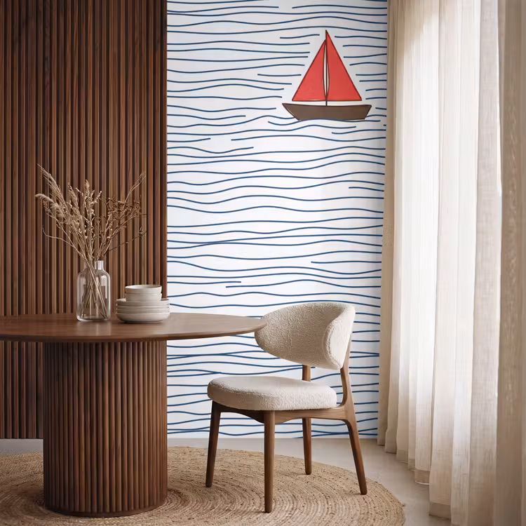 Boot - Water - Rood - Illustratie - Minimalistisch Behang Vlies klein -sfeer1