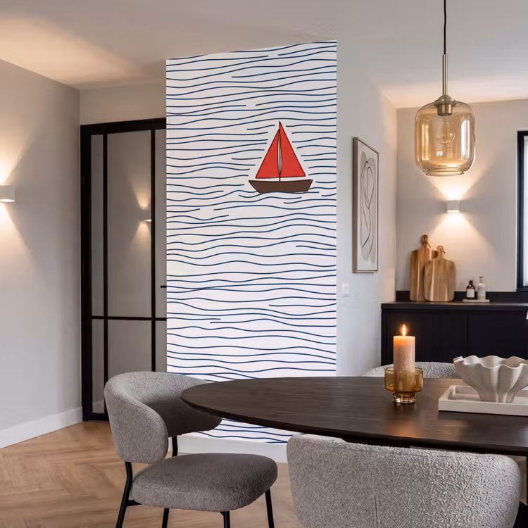 Boot - Water - Rood - Illustratie - Minimalistisch Behang Vlies klein -sfeer3