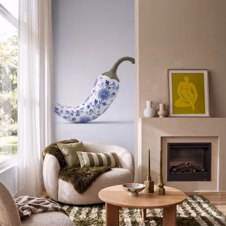 Chilipeper - Keramiek - Blauw Behang Vlies klein -sfeer2