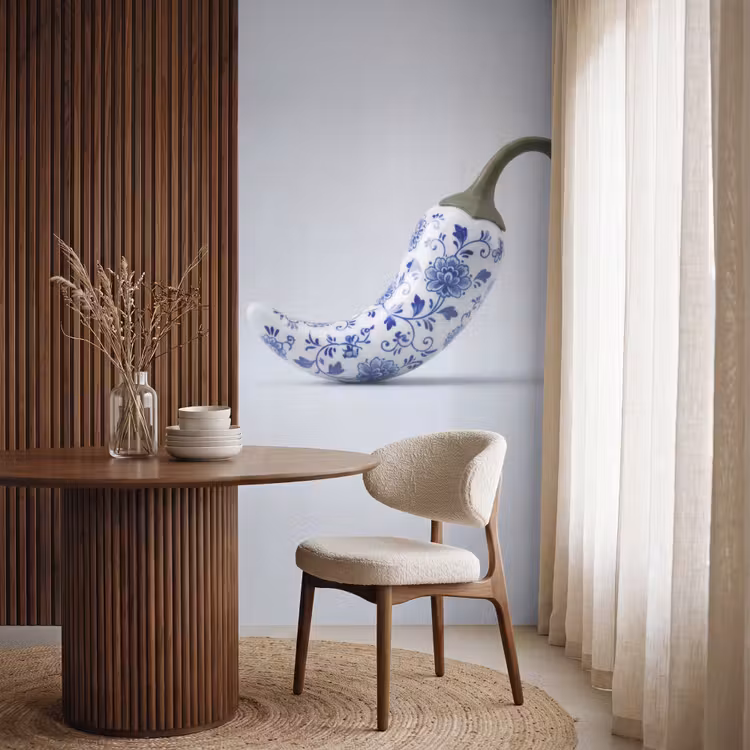 Chilipeper - Keramiek - Blauw Behang Vlies klein -sfeer1