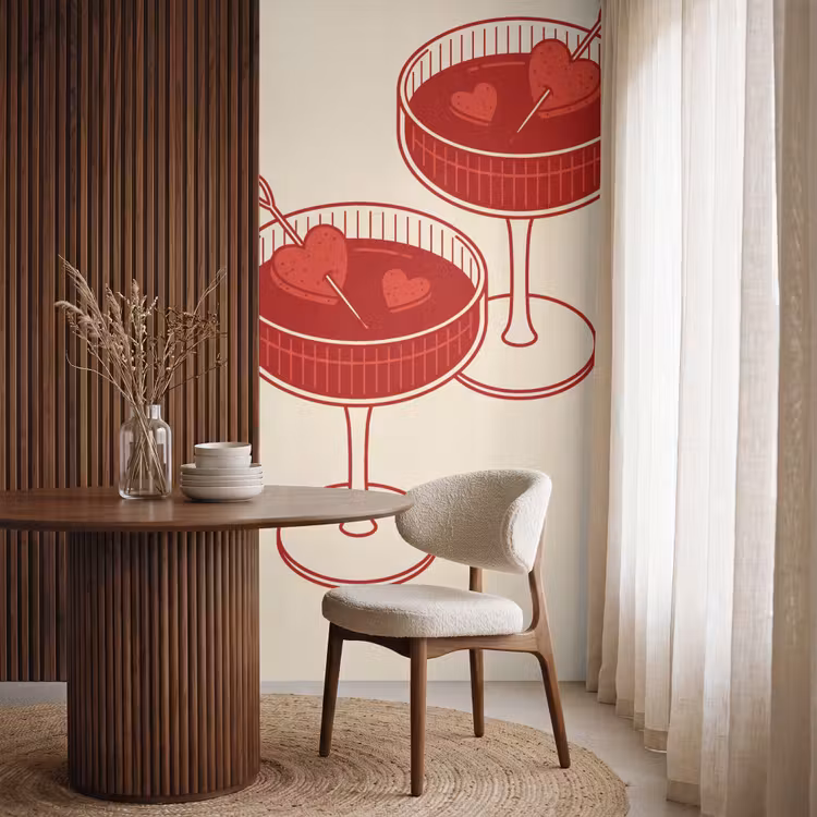 Cocktail - Hartjes - Liefde - Illustratie - Rood Behang Vlies klein -sfeer1