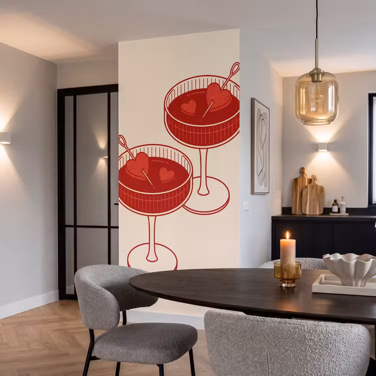 Cocktail - Hartjes - Liefde - Illustratie - Rood Behang Vlies klein -sfeer3