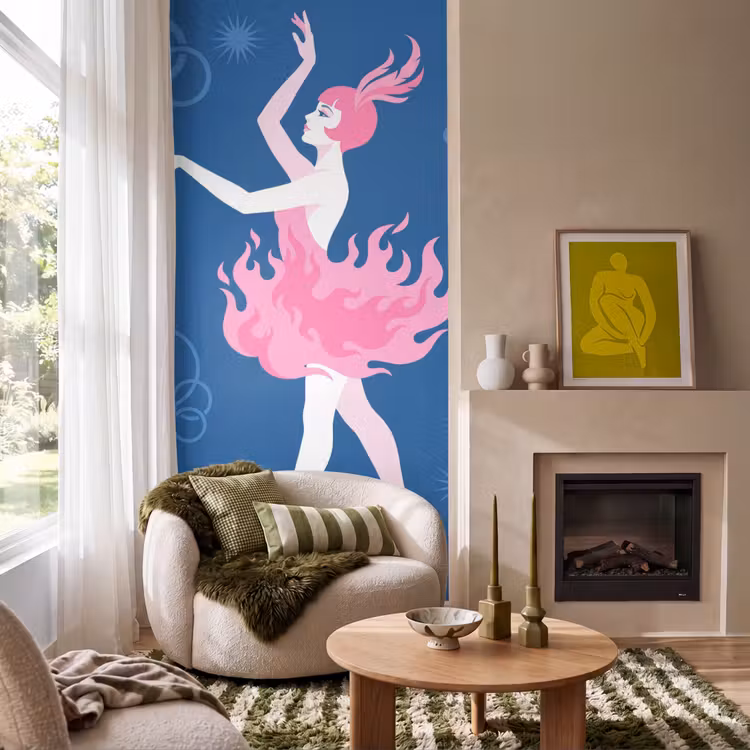 Danseres - Vlammenrok - Abstract - Roze - Blauw Behang Vlies klein -sfeer2