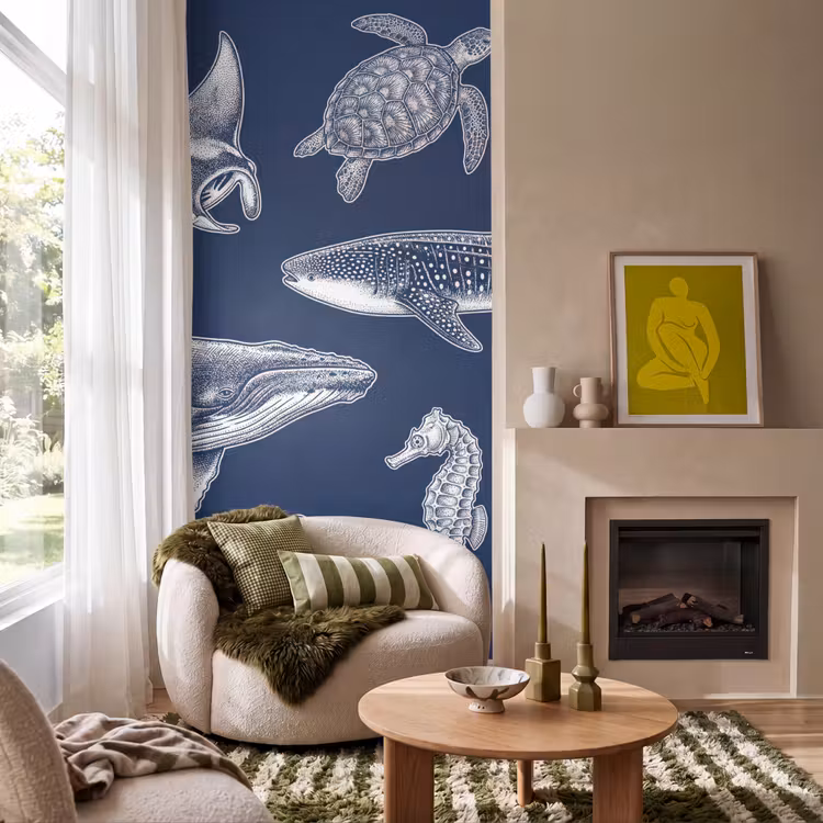 Dieren - Zeeleven - Oceaan - Graveren - Blauw Behang Vlies klein -sfeer2