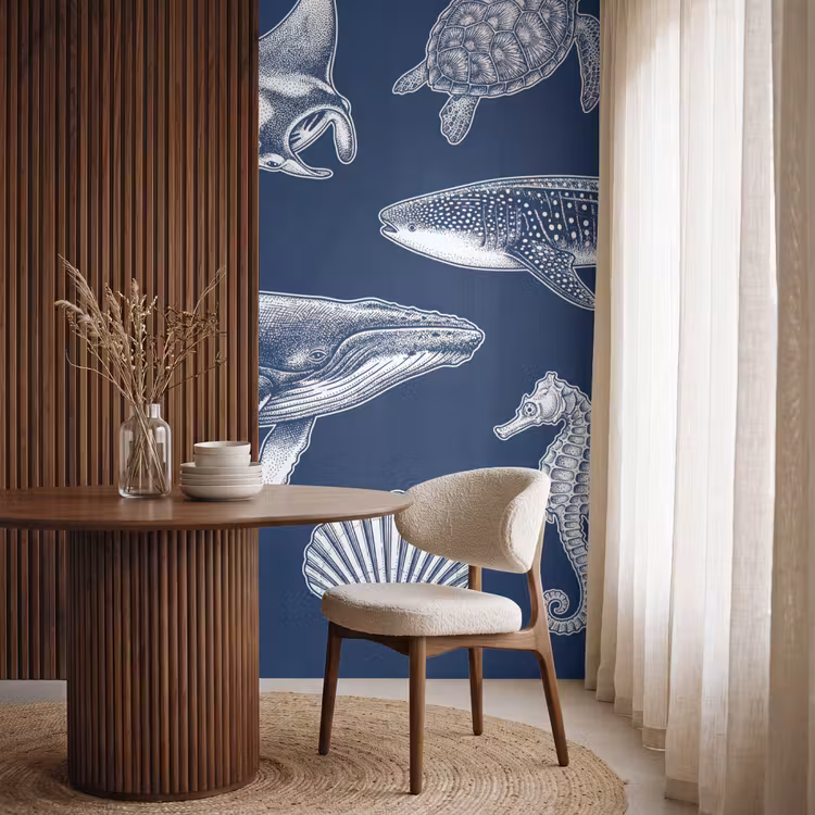 Dieren - Zeeleven - Oceaan - Graveren - Blauw Behang Vlies klein -sfeer1