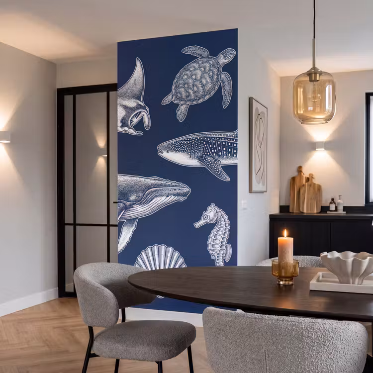 Dieren - Zeeleven - Oceaan - Graveren - Blauw Behang Vlies klein -sfeer3