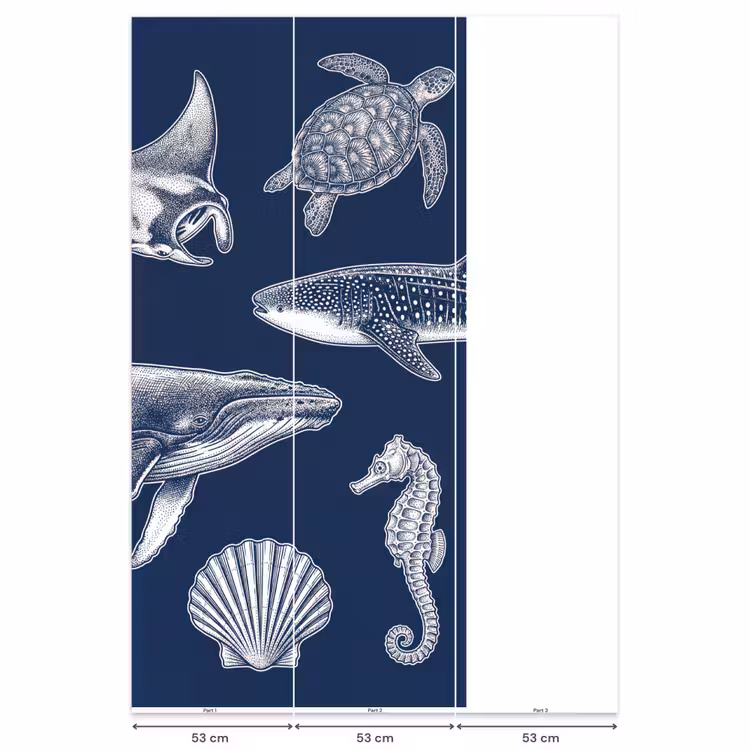 Dieren - Zeeleven - Oceaan - Graveren - Blauw Behang Vlies klein -USP_banen