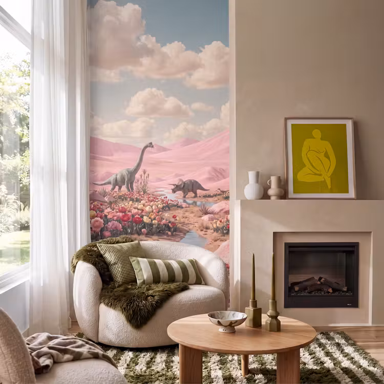 Behang - Dinosaurus - Roze - Landschap - Dinosaurus - Roze - Landschap Behang Vlies klein