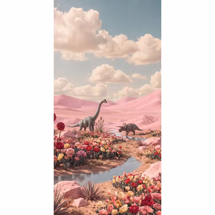 Behang - Dinosaurus - Roze - Landschap - Dinosaurus - Roze - Landschap Behang Vlies klein