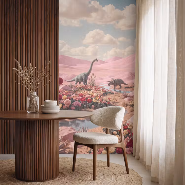 Behang - Dinosaurus - Roze - Landschap - Dinosaurus - Roze - Landschap Behang Vlies klein