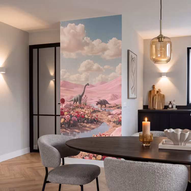 Behang - Dinosaurus - Roze - Landschap - Dinosaurus - Roze - Landschap Behang Vlies klein