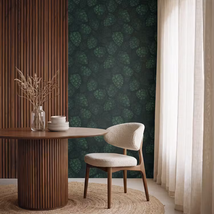 Donker - Groen - Hopbellen - Botanisch - Illustratie Behang Vlies klein 1076 -sfeer1