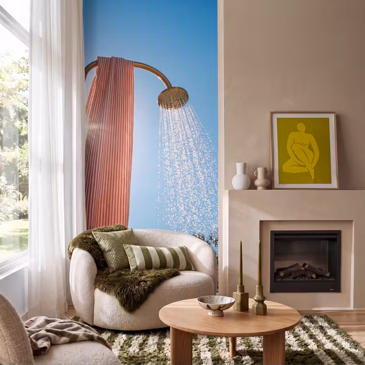 Douche - Water - Zomer - Blauw Behang Vlies klein -sfeer2