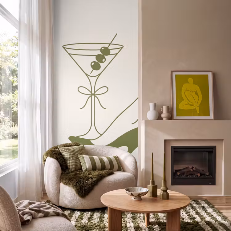 Drank - Martini - Hoge hak - Mode - Groen Behang Vlies klein -sfeer2