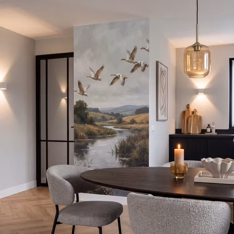 Eenden - Rivier - Landschap - Vlucht - Nostalgisch Behang Vlies klein -sfeer3