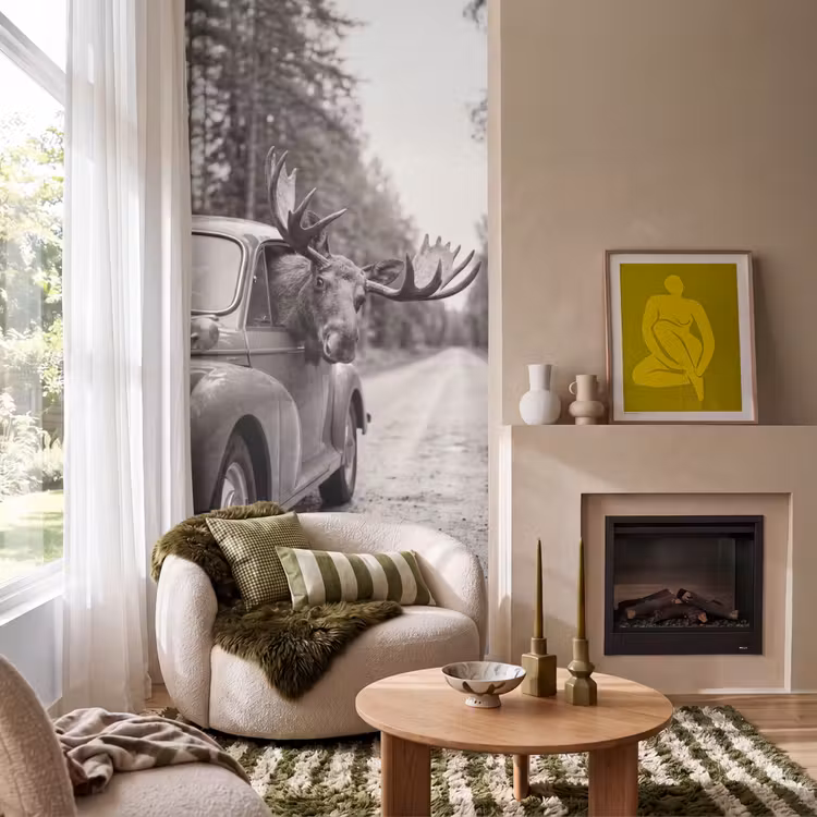 Eland - Auto - Gewei - Zwart - Wit Behang Vlies klein -sfeer2