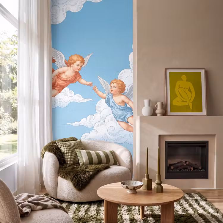 Engel - Vliegend - Klassiek - Blauw Behang Vlies klein -sfeer2