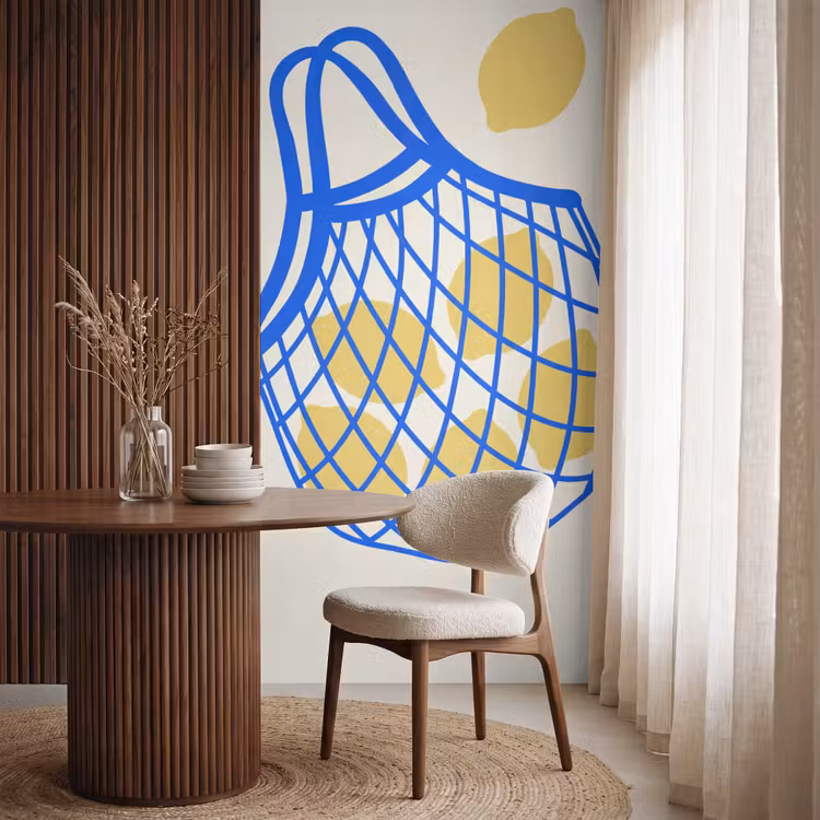 Eten - Citroen - Boodschappen - Abstract - Geel - Blauw Behang Vlies klein -sfeer1