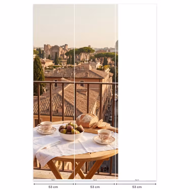 Eten - Ontbijt - Balkon - Stad - Zonsopgang Behang Vlies klein -USP_banen