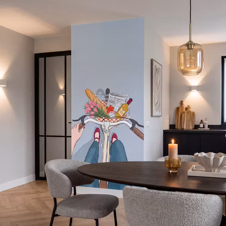 Fiets - Picknick - Zomer - Illustratie Behang Vlies klein -sfeer3