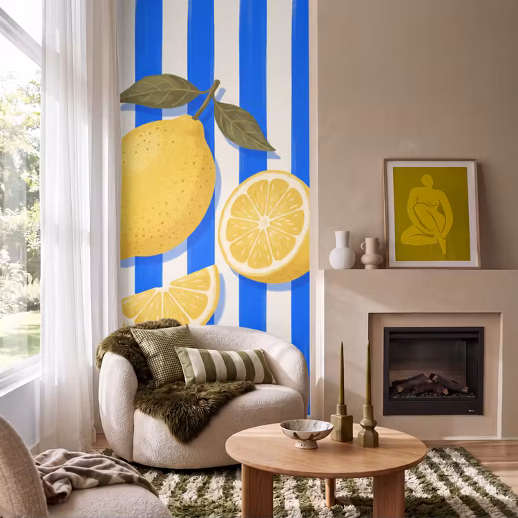 Fruit - Citroen - Zomer - Geel - Blauw Behang Vlies klein -sfeer2