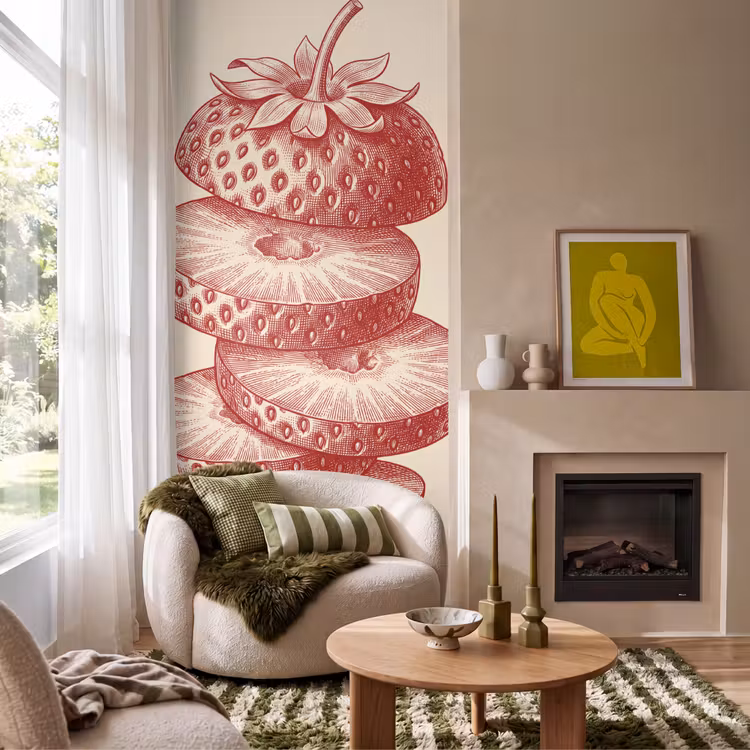 Fruit - Gesneden - Illustratie - Rood - Vintage Behang Vlies klein -sfeer2