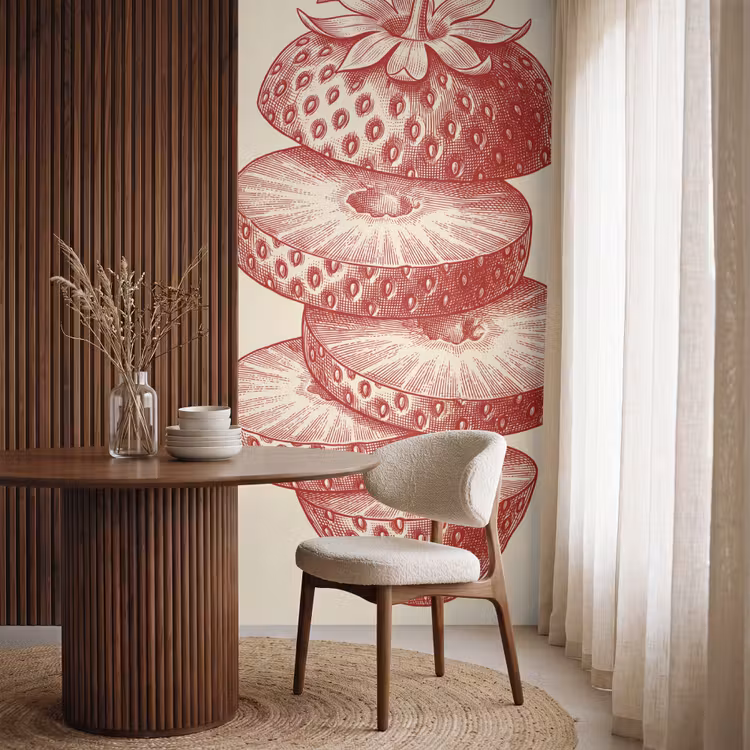 Fruit - Gesneden - Illustratie - Rood - Vintage Behang Vlies klein -sfeer1