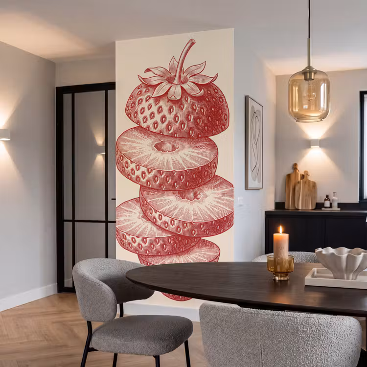 Fruit - Gesneden - Illustratie - Rood - Vintage Behang Vlies klein -sfeer3