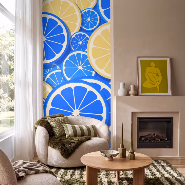Fruit - Schijven - Patroon - Modern - Blauw - Geel Behang Vlies klein -sfeer2