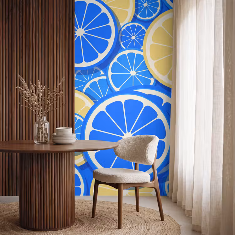 Fruit - Schijven - Patroon - Modern - Blauw - Geel Behang Vlies klein -sfeer1
