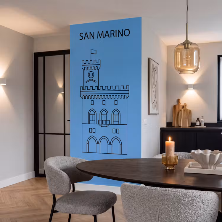 Gebouw - San Marino - Architectuur - Lijntekening - Blauw Behang Vlies klein -sfeer3