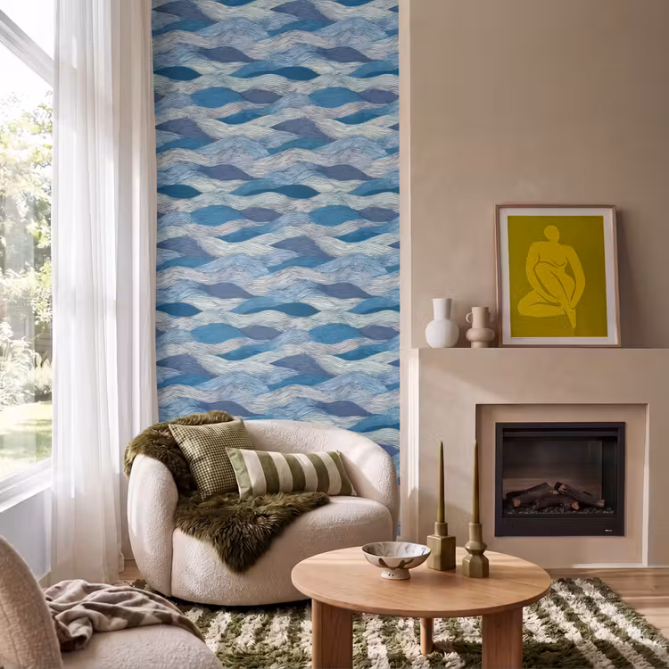 Getekend - Blauw - Wit - Golvend - Streepjes Behang Vlies klein 1076 -sfeer2