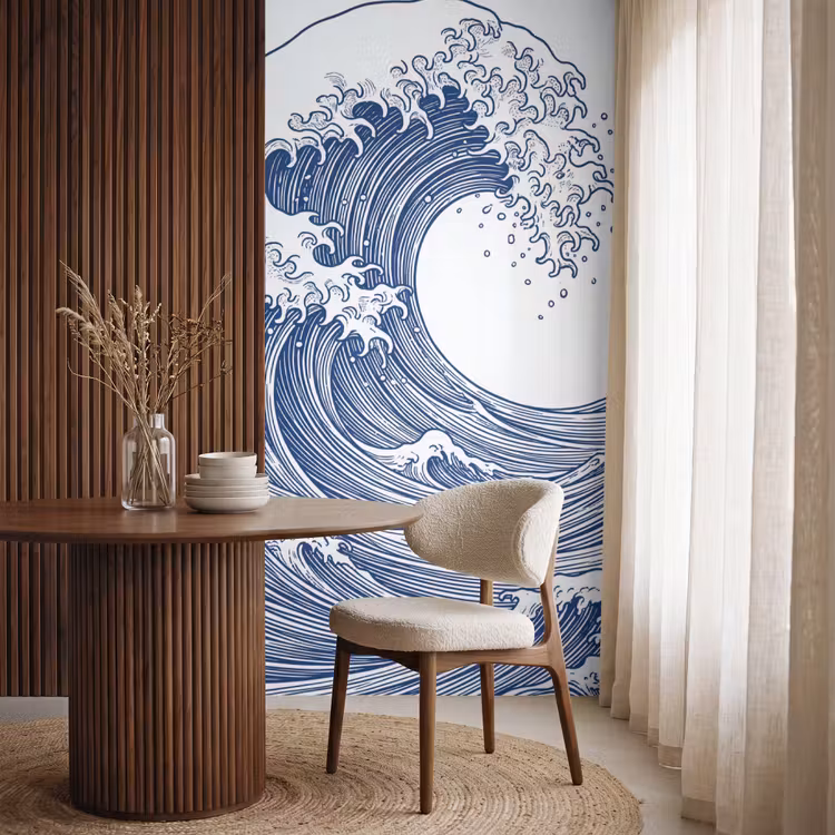 Golf - Japans - Zee - Illustratie - Blauw Behang Vlies klein -sfeer1