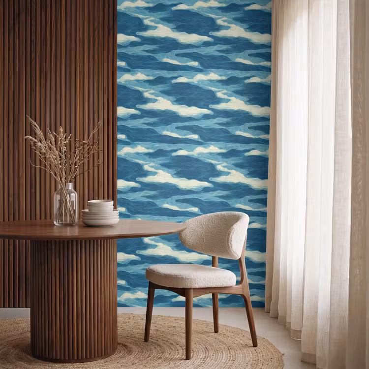 Golven - Abstract - Patroon - Blauw - Wit Behang Vlies klein 1076 -sfeer1