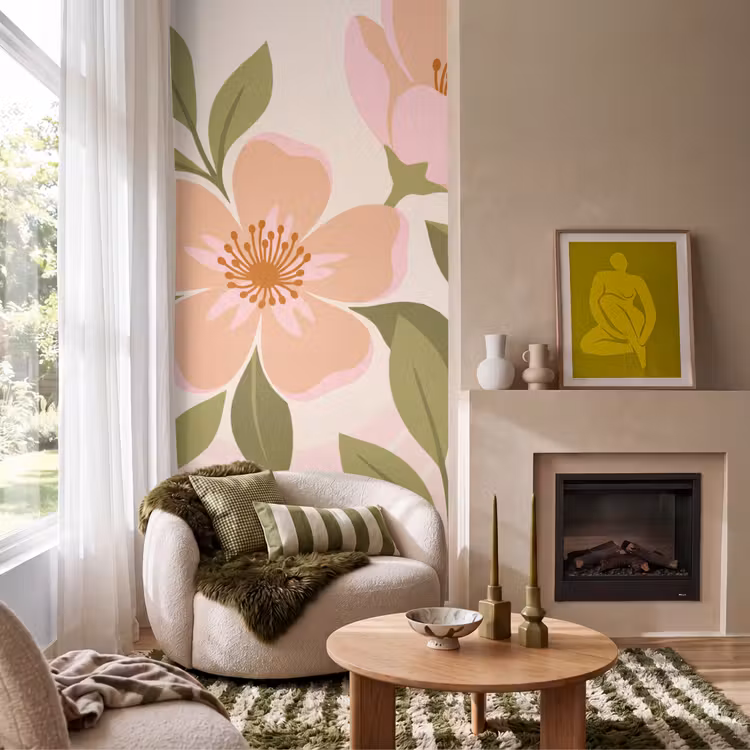 Grafisch - Bloemen - Roze Behang Vlies klein -sfeer2