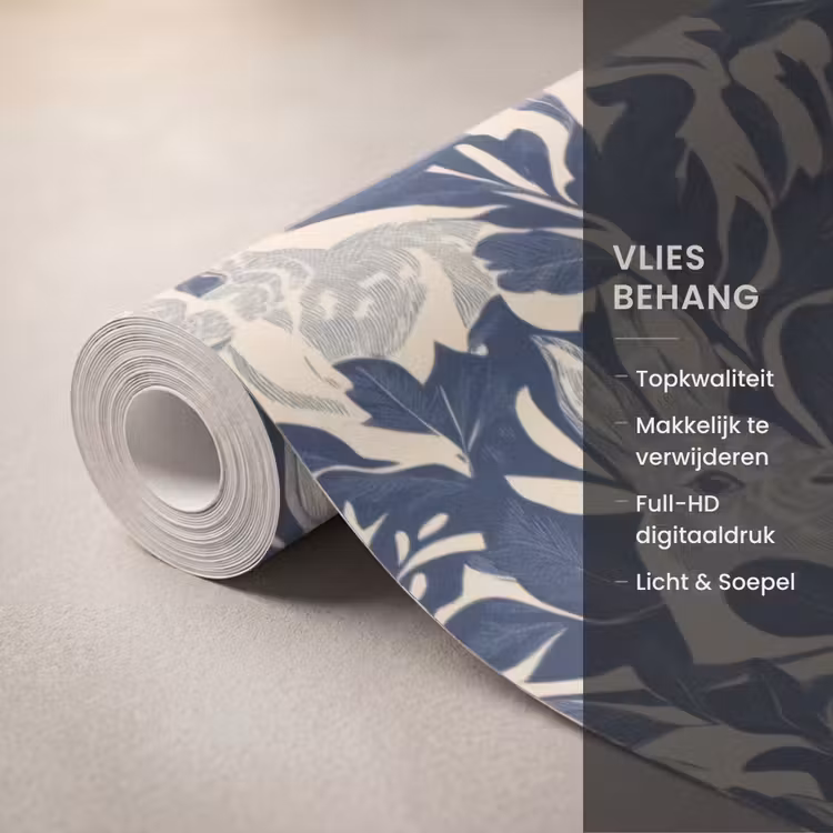 Hazen - Bladeren - Patroon - Blauw - Beige Behang Vlies klein 1076 -USP_closeupNL