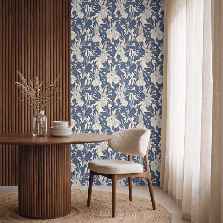Hazen - Bladeren - Patroon - Blauw - Beige Behang Vlies klein 1076 -sfeer1