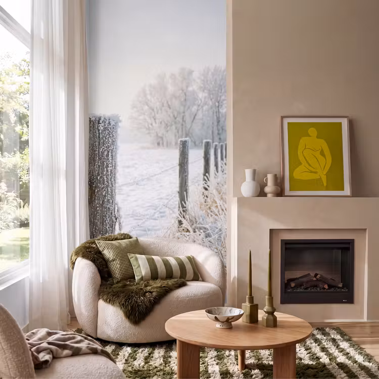 Hek - Sneeuw - Mist - Platteland - Nostalgisch Behang Vlies klein -sfeer2