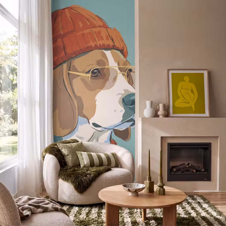 Hond - Beanie - Zonnebril - Dieren - Modern Behang Vlies klein -sfeer2