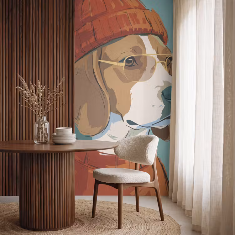 Hond - Beanie - Zonnebril - Dieren - Modern Behang Vlies klein -sfeer1