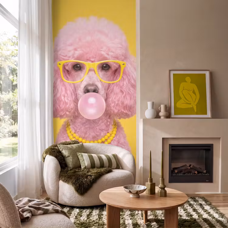 Hond - Kauwgum - Dieren - Modern - Roze Behang Vlies klein -sfeer2